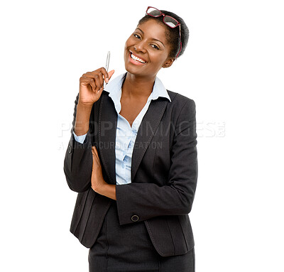 Buy stock photo Portrait, business and black woman in studio with pen for information, presentation or workshop on white background. Corporate, professional and mentor for coaching, support or project development