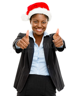 Buy stock photo Christmas hat, thumbs up and portrait of woman in studio for holiday, vacation and festive season. Corporate, professional and person for thank you, celebrate and office party on white background