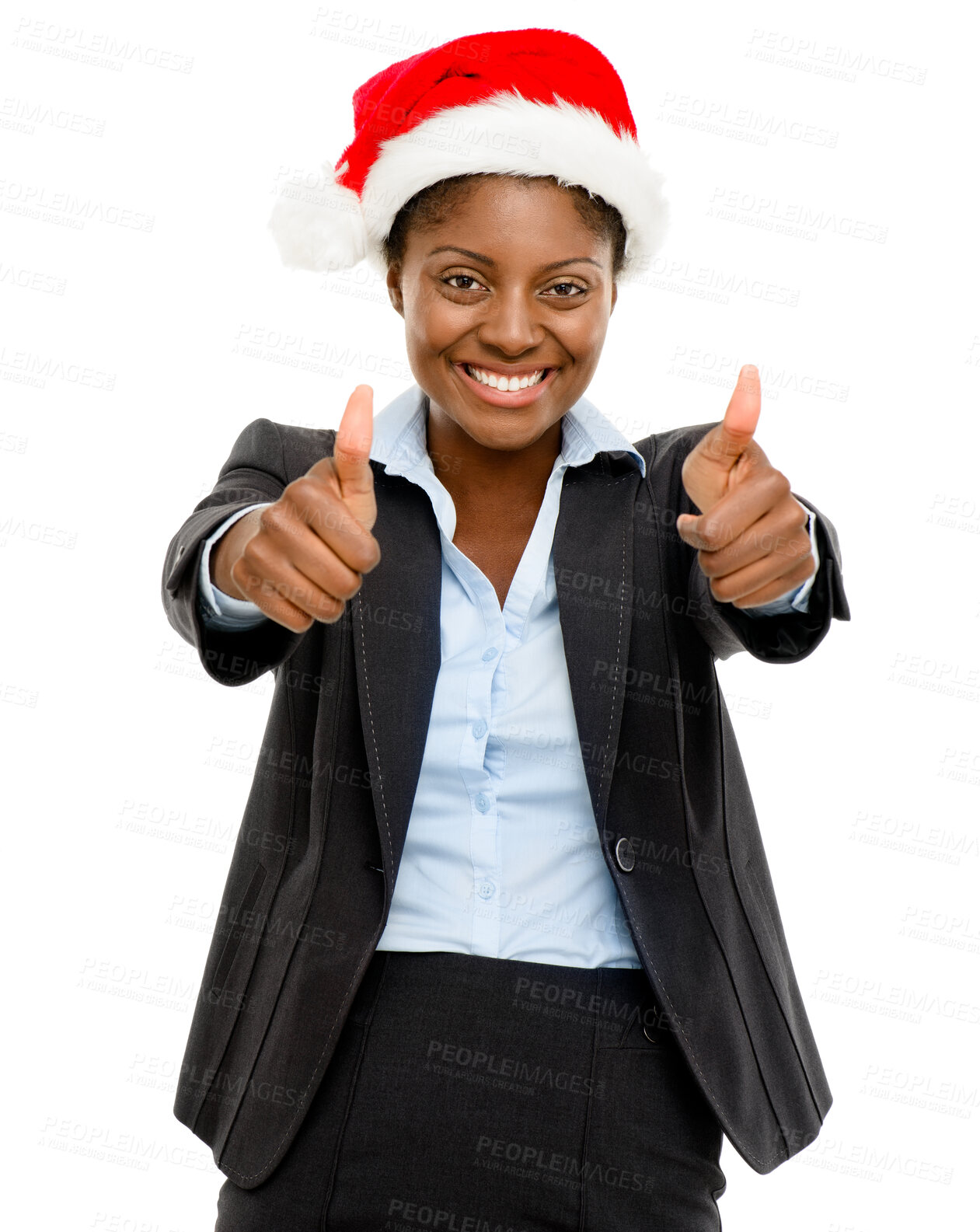 Buy stock photo Christmas hat, thumbs up and portrait of woman in studio for holiday, vacation and festive season. Corporate, professional and person for thank you, celebrate and office party on white background