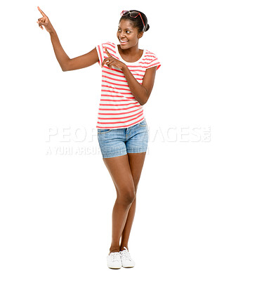 Buy stock photo Smile, pointing and black woman in studio with presentation, student discount or promotion announcement. Offer, deal info and happy college girl showing choice, opinion or review on white background