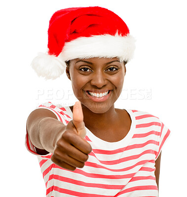 Buy stock photo Christmas hat, thumbs up and portrait of happy woman in studio for holiday, vacation and festive season. Excited, celebration and person with thank you, promotion and good news on white background