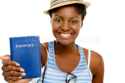 Buy stock photo Portrait, travel and black woman with smile, passport and excited student on summer vacation in studio. Document, tourism and happy face of college girl on adventure holiday with white background