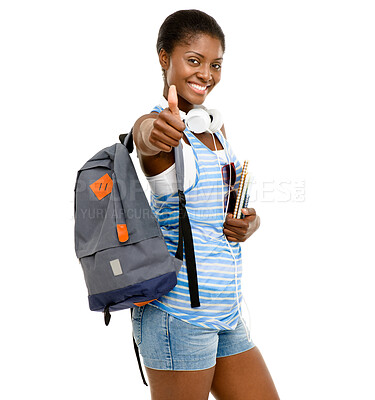 Buy stock photo African woman, university student and thumbs up with backpack in studio portrait with books by white background. Girl, person and sign with education, learning and choice for scholarship at college