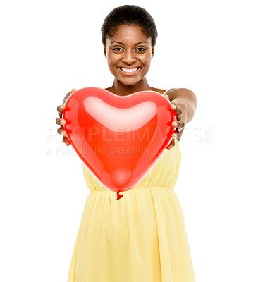 Buy stock photo Woman, portrait and heart balloon in studio for valentines day celebration, anniversary date or romance. Black person, happy or giving gift for kindness, love or honeymoon present on white background