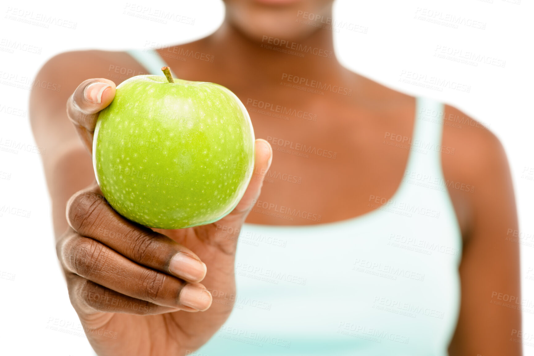 Buy stock photo Closeup, studio and hand of woman with apple for detox, wellness and benefits of natural food. Digestion, gut health and girl with diet, nutrition and balance with green fruit on white background