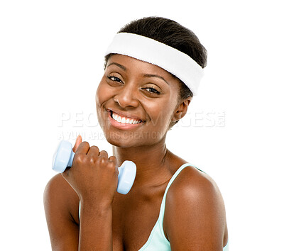 Buy stock photo Black woman, dumbbell and exercise in studio portrait with smile, headband and muscle growth. Girl, person and happy for workout, training and fitness challenge by white background at health club
