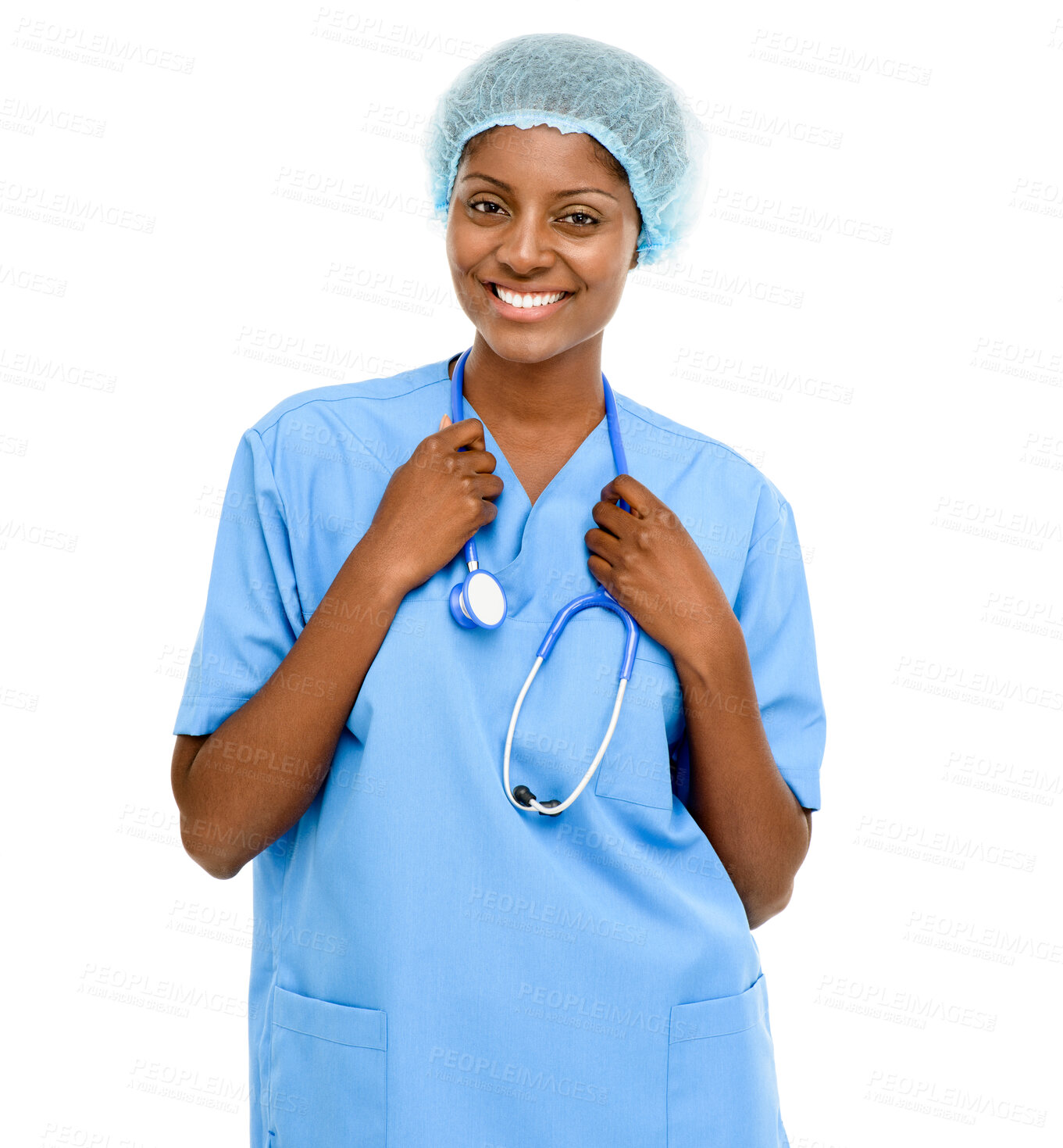 Buy stock photo Portrait, doctor and black woman with stethoscope in white background for healthcare, clinic or hospital. Smile, nurse and medical expert in studio with confident, happy or professional care