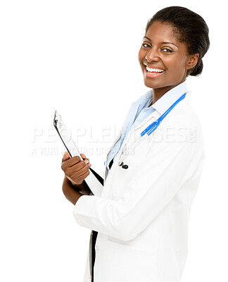 Buy stock photo Doctor, portrait and woman in studio with clipboard for notes, medical information or paperwork on white background. Health, stethoscope and black person for insurance report, script or admin