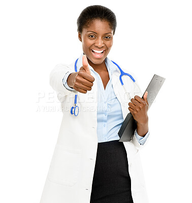 Buy stock photo Thank you, woman doctor with thumbs up and against a white background for motivation. Congratulations or feedback, review or success and portrait of female surgeon with hand emoji gesture for vote 