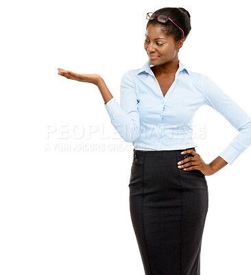 Buy stock photo Smile, business and black woman in studio for presentation, brand deal or promotion announcement. Offer, information and businesswoman with product placement, sales launch or white background mockup