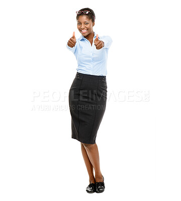 Buy stock photo Portrait, thumbs up and business woman in studio for good news, promotion and agreement. Professional, corporate and black person with emoji, hand gesture or sign for thank you on white background