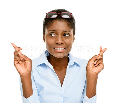 Buy stock photo Wish, black woman with her fingers crossed and against a white background for good luck to win competition prize. Giveaway or vote, optimism and African female person with hope hand emoji gesture 