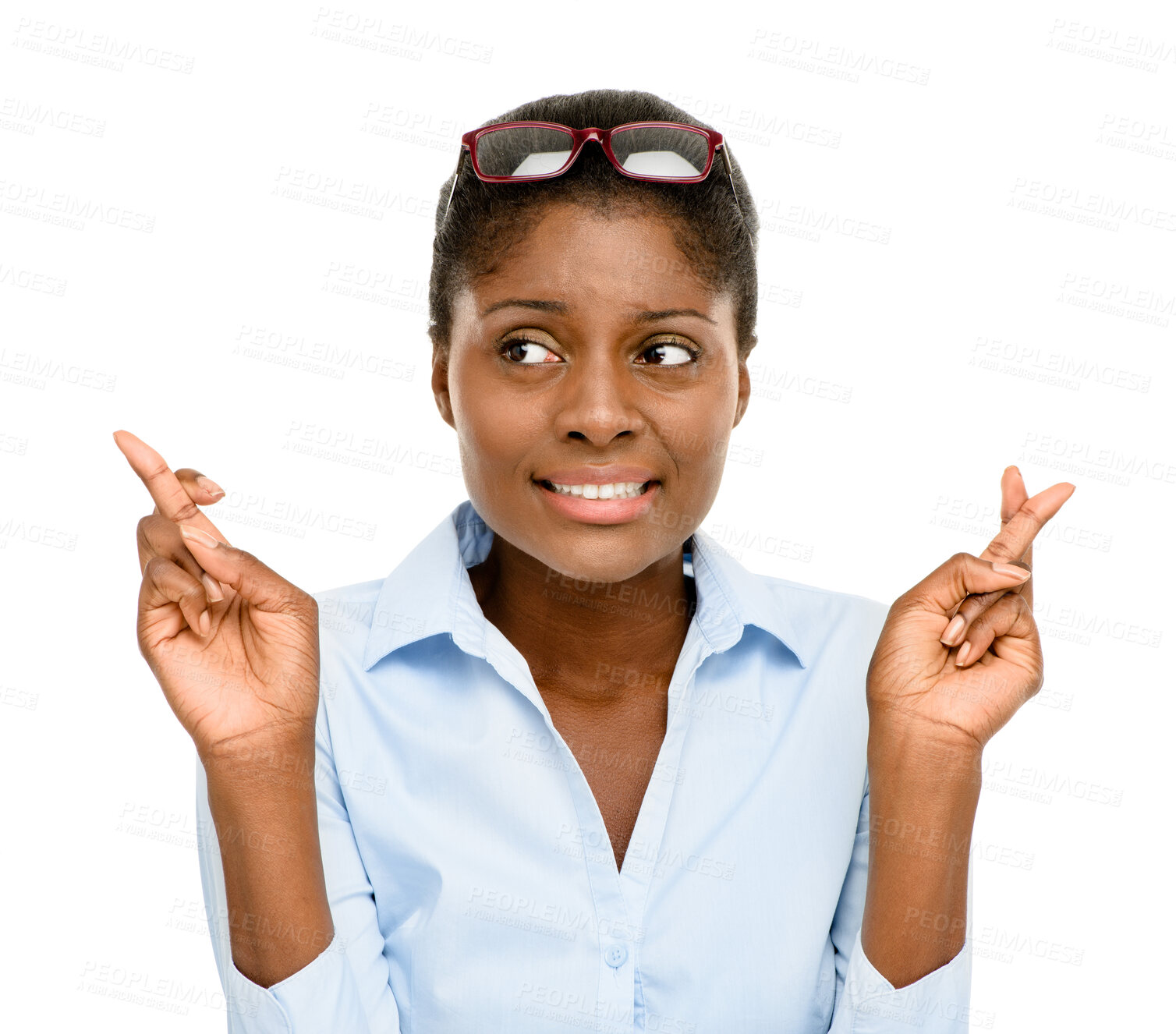 Buy stock photo Wish, black woman with her fingers crossed and against a white background for good luck to win competition prize. Giveaway or vote, optimism and African female person with hope hand emoji gesture 