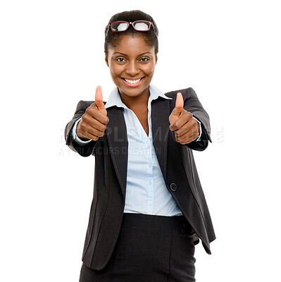 Buy stock photo Thank you, portrait of a businesswoman with thumbs up and in a white background for winner. Feedback or agreement, congratulation or success and African woman with like hand emoji for vote or review