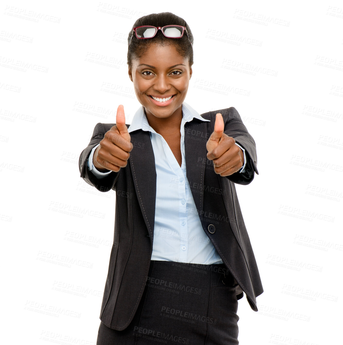 Buy stock photo Thank you, portrait of a businesswoman with thumbs up and in a white background for winner. Feedback or agreement, congratulation or success and African woman with like hand emoji for vote or review