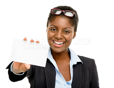 Buy stock photo Smile, studio and portrait of black woman with business card, introduction or promotion announcement. Offer, brand info and businesswoman with contact details, blank paper and white background mockup