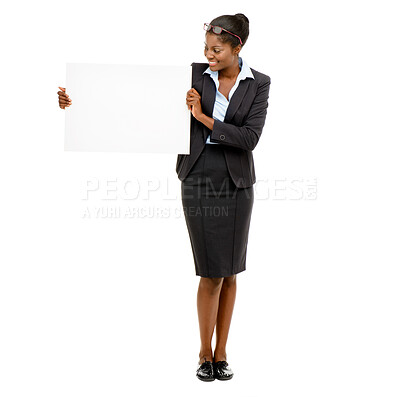 Buy stock photo Business. mockup and black woman with poster in studio for information, announcement or opportunity on white background. Blank, billboard and female person for presentation, instructions or news