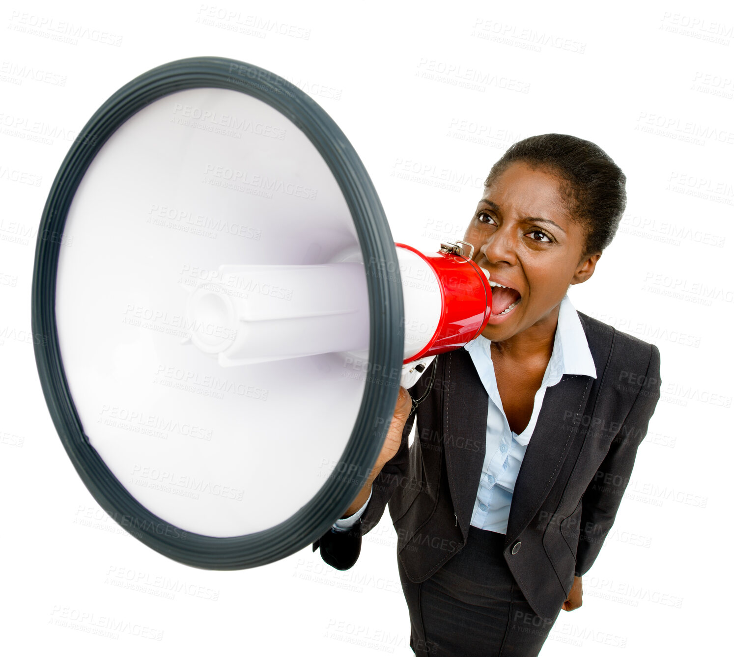 Buy stock photo Business woman, megaphone and shout in studio for equal pay, demand and increase by white background. African person, bullhorn and noise with speech, opinion and power for call to action at company