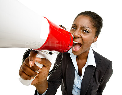 Buy stock photo Business woman, megaphone and anger in studio portrait for equal pay, demand and increase by white background. African person, bullhorn and speech for opinion, power and call to action at company