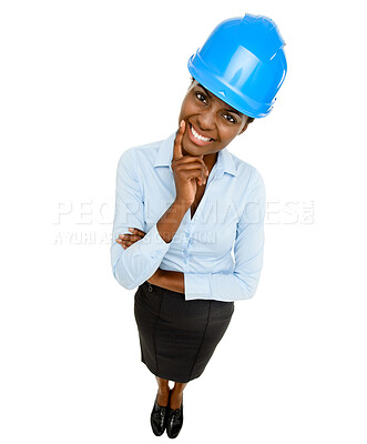 Buy stock photo Woman, architect and smile with helmet in studio portrait for construction agency by white background. Person, contractor or engineer for building, arms crossed and above for property development