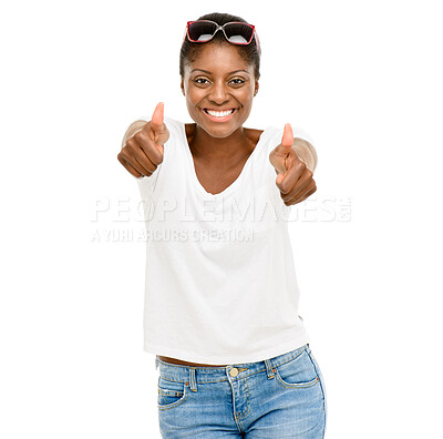 Buy stock photo Thumbs up, happy and portrait of black woman on a white background for success, good news and approve. Emoji, thank you and isolated person with hand gesture for agreement, yes and like in studio