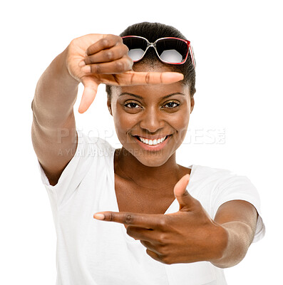 Buy stock photo Frame, fashion and portrait of black woman in studio with confidence, pride and smile on white background. Mockup, happy and girl with hand gesture, emoji and shape in trendy clothes, style or outfit