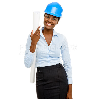 Buy stock photo Construction worker, woman and portrait with blueprint in studio for industrial project and building development. Architect, black person and happy with floor plan on white background for inspection