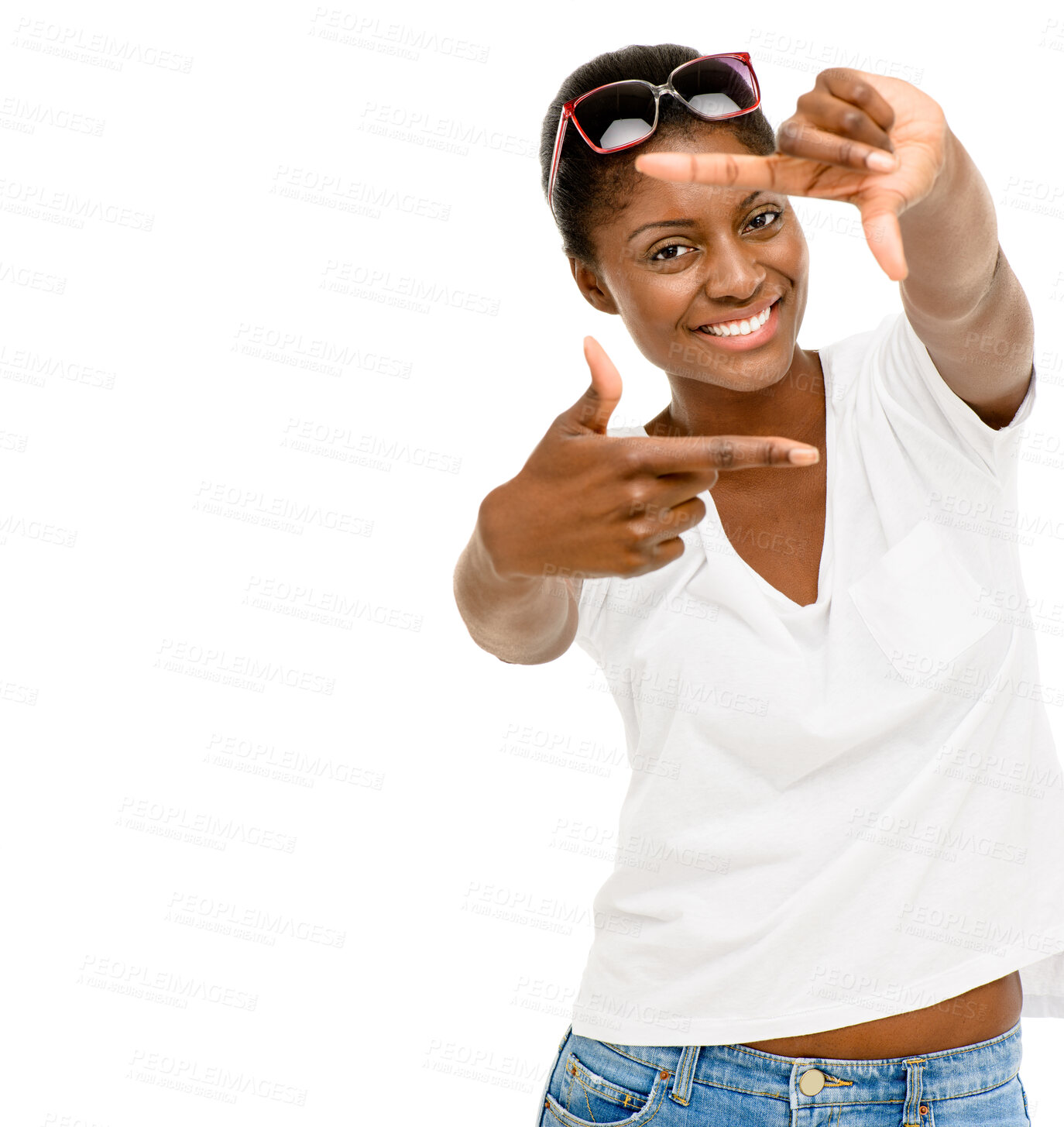 Buy stock photo Frame, hands and portrait of black woman in studio with confidence, pride and happy on white background. Mockup, fashion and girl with gesture, emoji and shape in trendy clothes, style or outfit