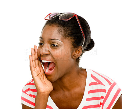 Buy stock photo News, shouting and black woman in studio with announcement, deal information or giveaway promotion. Scream, noise and excited girl with voice, communication and happy opinion on white background