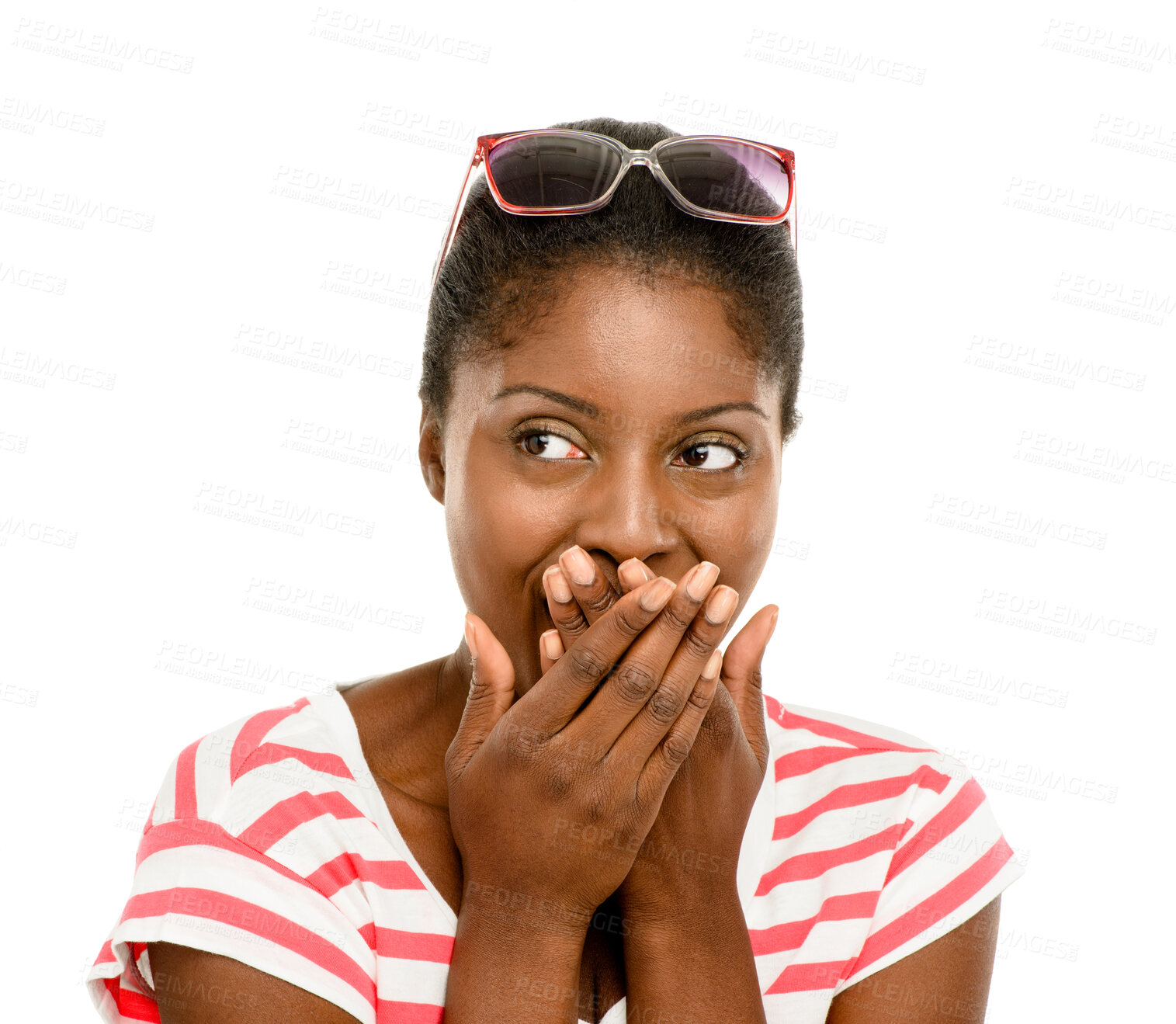 Buy stock photo Black woman, news and shocked for secret in studio with wtf expression, announcement and emoji for drama. Person, surprised and embarrassed for gossip story and fake information on white background