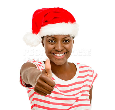 Buy stock photo Christmas hat, thumbs up and portrait of black woman in studio for holiday, vacation and festive season. Fashion sale, happy and person for thank you, celebration and good news on white background