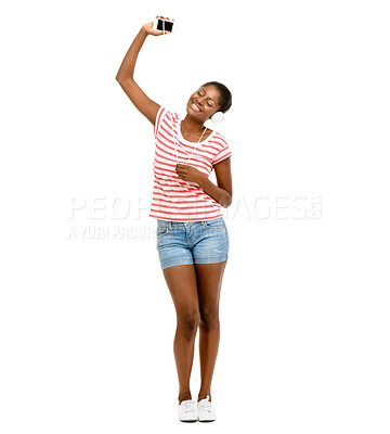 Buy stock photo Dance, music and happy black woman in studio for streaming subscription, playlist and radio. Relax, headphone and isolated person with smartphone listening to audio, song or track on white background