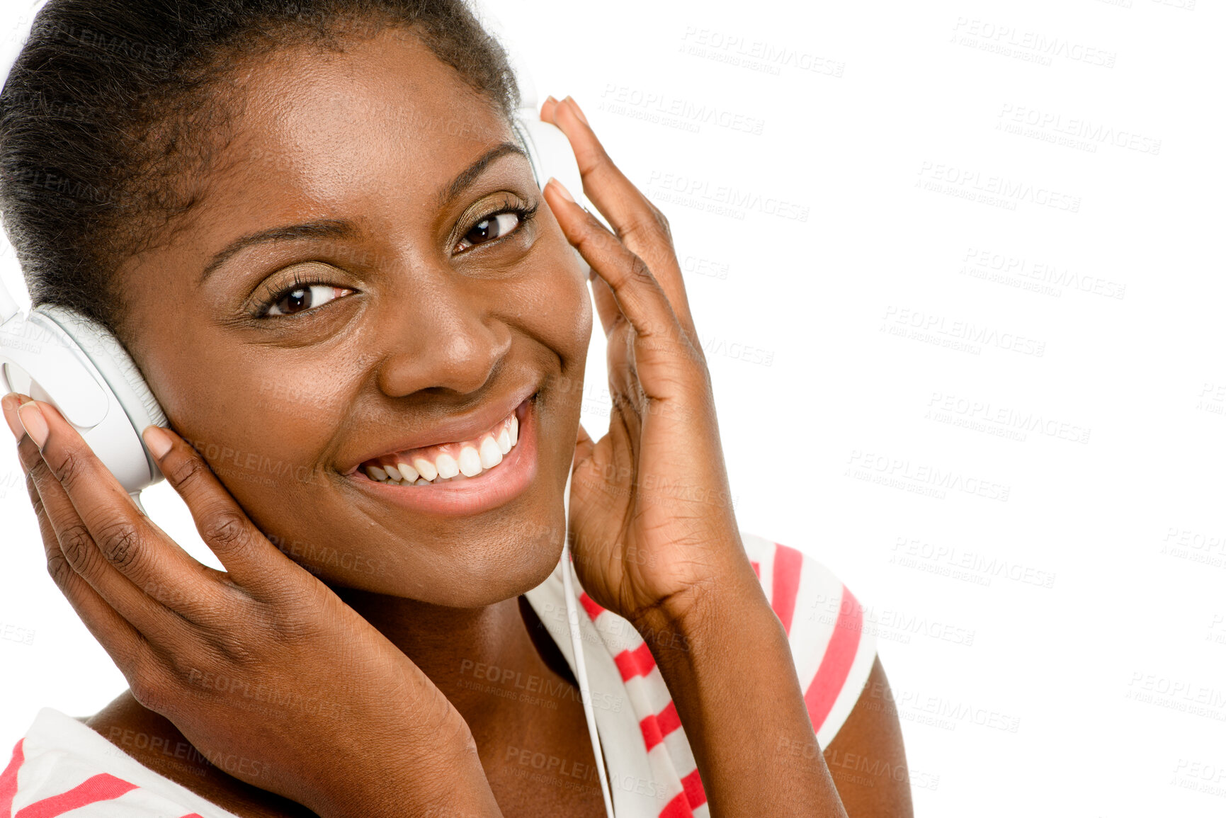 Buy stock photo Happy, music and portrait of black woman in studio for streaming subscription, playlist and radio. Relax, headphones and face of isolated person listening to audio, song and track on white background