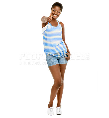 Buy stock photo Thumbs up, confident and portrait of black woman in studio for success, good news and approve. Emoji, thank you and isolated person with hand gesture for agreement, yes and like on white background