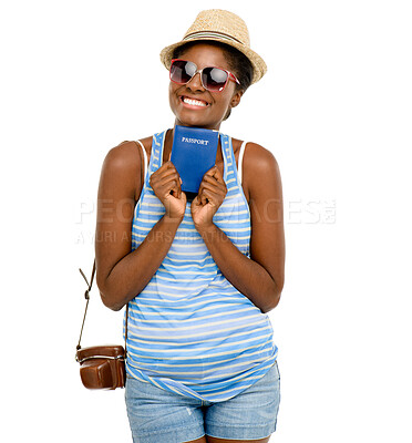 Buy stock photo Smile, travel and black woman with passport, sunglasses and camera for summer vacation trip in studio. Document, tourism and happy girl with adventure holiday, photography and fun on white background