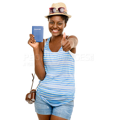 Buy stock photo Passport, travel and portrait of black woman with thumbs up, smile and excited for summer vacation in studio. Okay, tourism and happy girl with yes hand sign for adventure holiday on white background