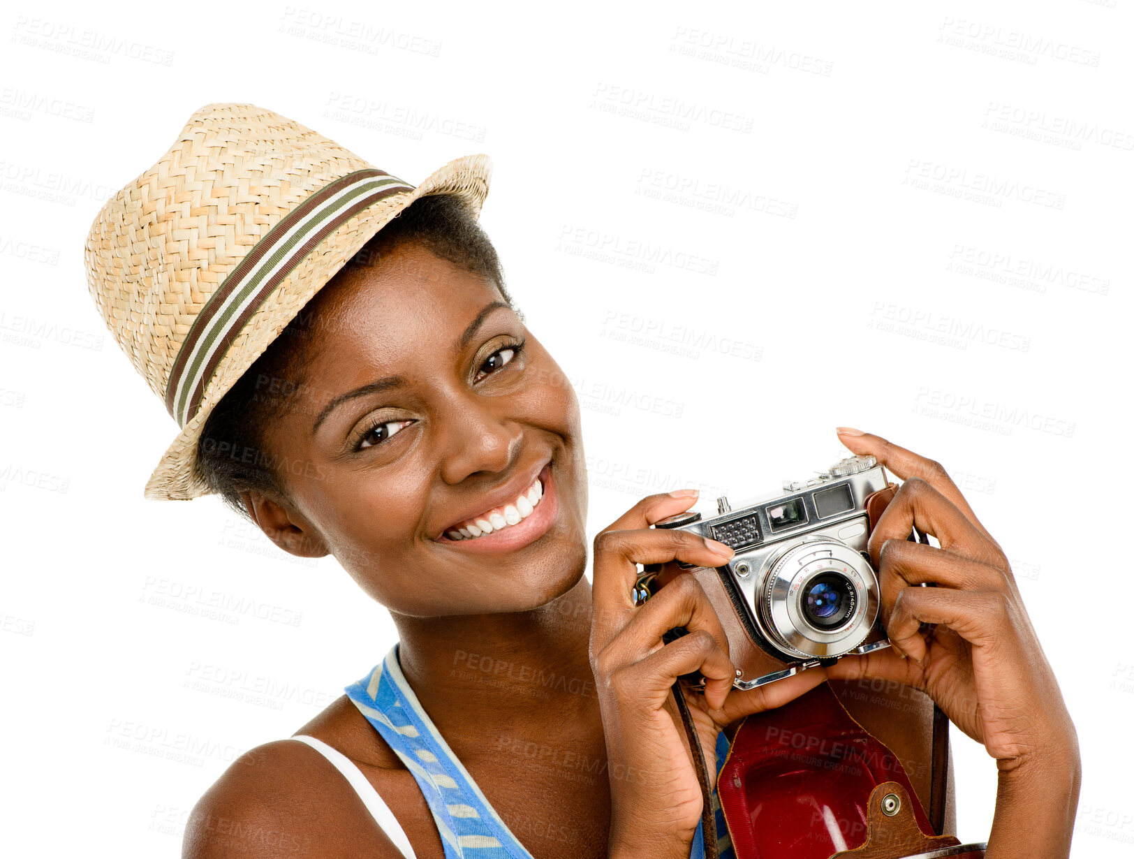 Buy stock photo Studio, holiday and portrait of black woman with camera, smile and travel for summer vacation trip. Photography, journey and happy girl with fun memory, adventure and tourism on white background