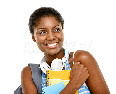 Buy stock photo African woman, university student and thinking in studio with smile for books, future or education by white background. Girl, person and happy with idea, learning or study with scholarship at college