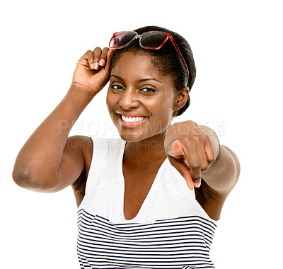 Buy stock photo Happy, pointing to you and portrait of black woman in studio for choice, encouragement and decision. Fashion, excited and sunglasses with finger for selection, emoji and direction on white background