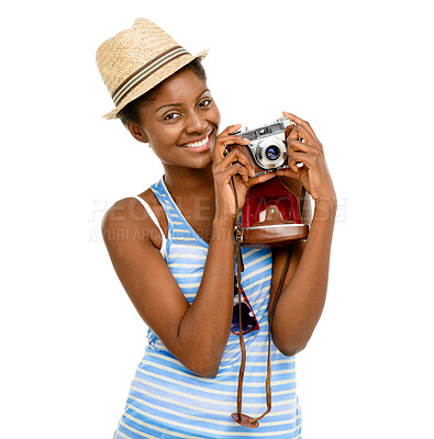 Buy stock photo Smile, travel and portrait of black woman with camera, tourism and student on summer vacation in studio. Photography, memory and happy girl with fun trip, adventure and holiday on white background