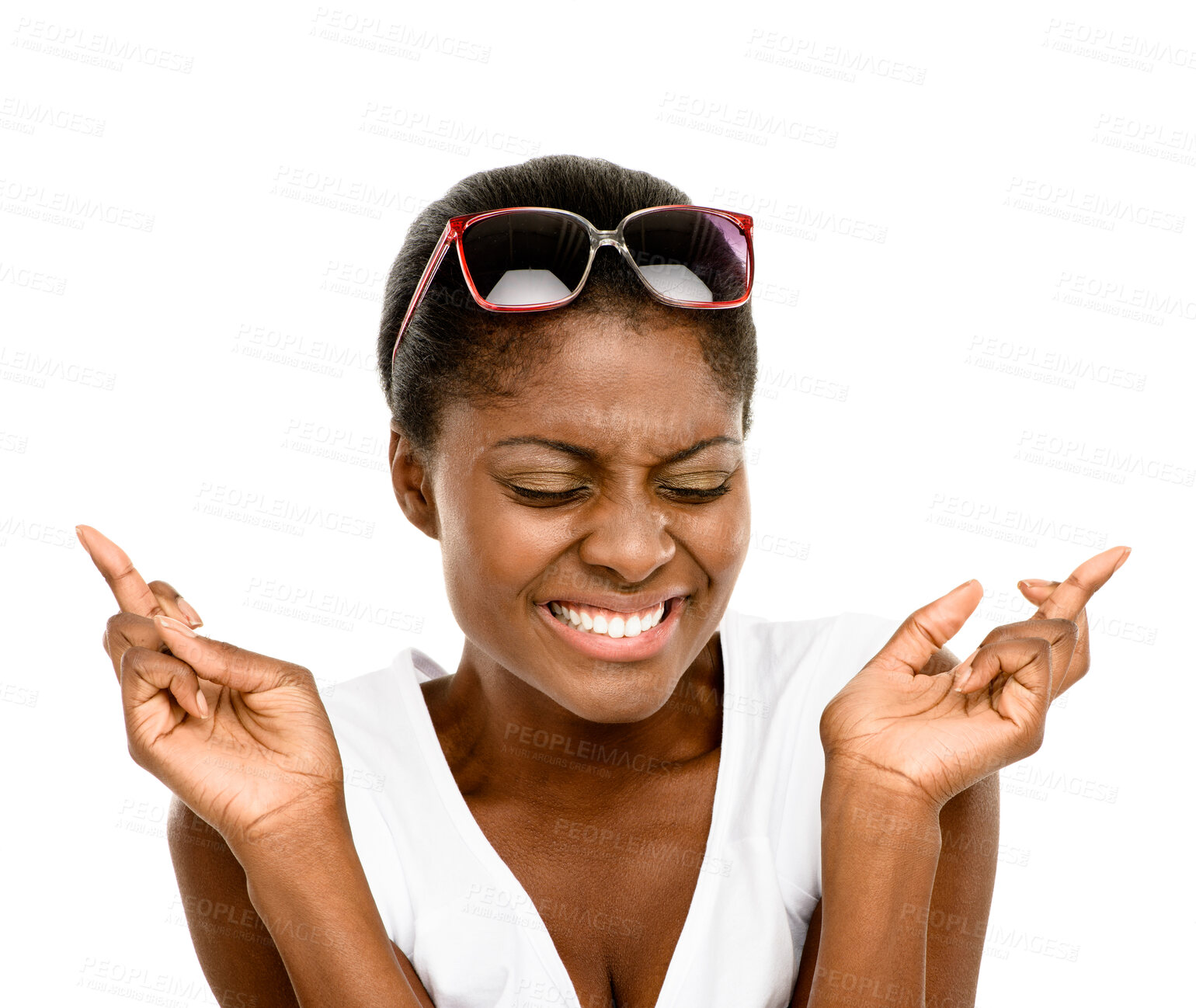 Buy stock photo Studio, hope and excited black woman with fingers crossed for winning, bonus or giveaway prayer. Dream, wish and happy girl with lucky emoji, hand sign or gesture for opportunity on white background