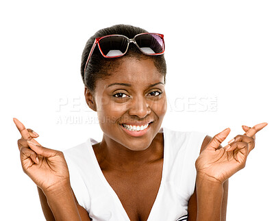 Buy stock photo Studio, hope and portrait of black woman with fingers crossed for winning, bonus or giveaway. Dream, wish and excited girl with lucky emoji, hand sign or gesture for opportunity on white background