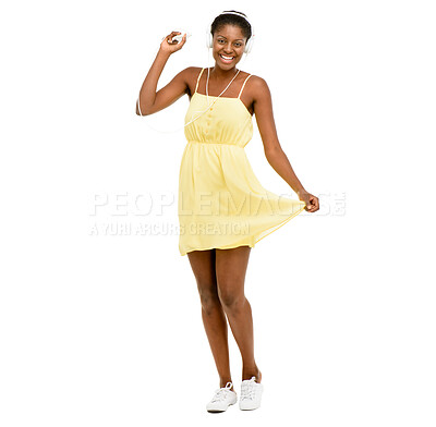 Buy stock photo Dance, music and portrait of black woman in studio for streaming subscription, playlist and radio. Relax, happy and isolated person with headphones listen to audio, song or track on white background