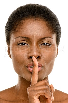 Buy stock photo Portrait, hush and black woman in studio for secret, gossip or quiet on white background. Body, whisper and female person with hand on lips for privacy, confidential drama or silence gesture