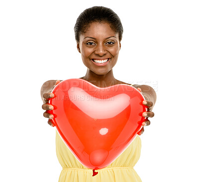 Buy stock photo Woman, portrait and red balloon in studio for valentines day celebration, anniversary date and romance. Black person, happy and heart gift for kindness, love and honeymoon present on white background