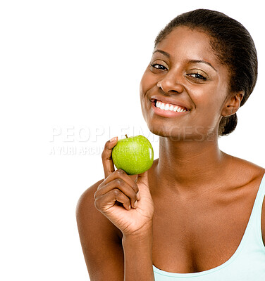 Buy stock photo Diet, studio and portrait of black woman with apple for detox, wellness and natural food benefits. Mockup, gut health and girl with smile, nutrition and balance with green fruit on white background