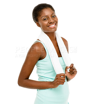 Buy stock photo Black woman, exercise and towel in studio portrait with smile, wellness and fitness by white background. Girl, model or African person with cloth for workout, training and sweat for health with pride