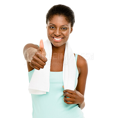 Buy stock photo Black woman, thumbs up and towel for fitness in studio portrait, smile or wellness by white background. Girl, model or African person with cloth for exercise, training or like sign for healthy choice