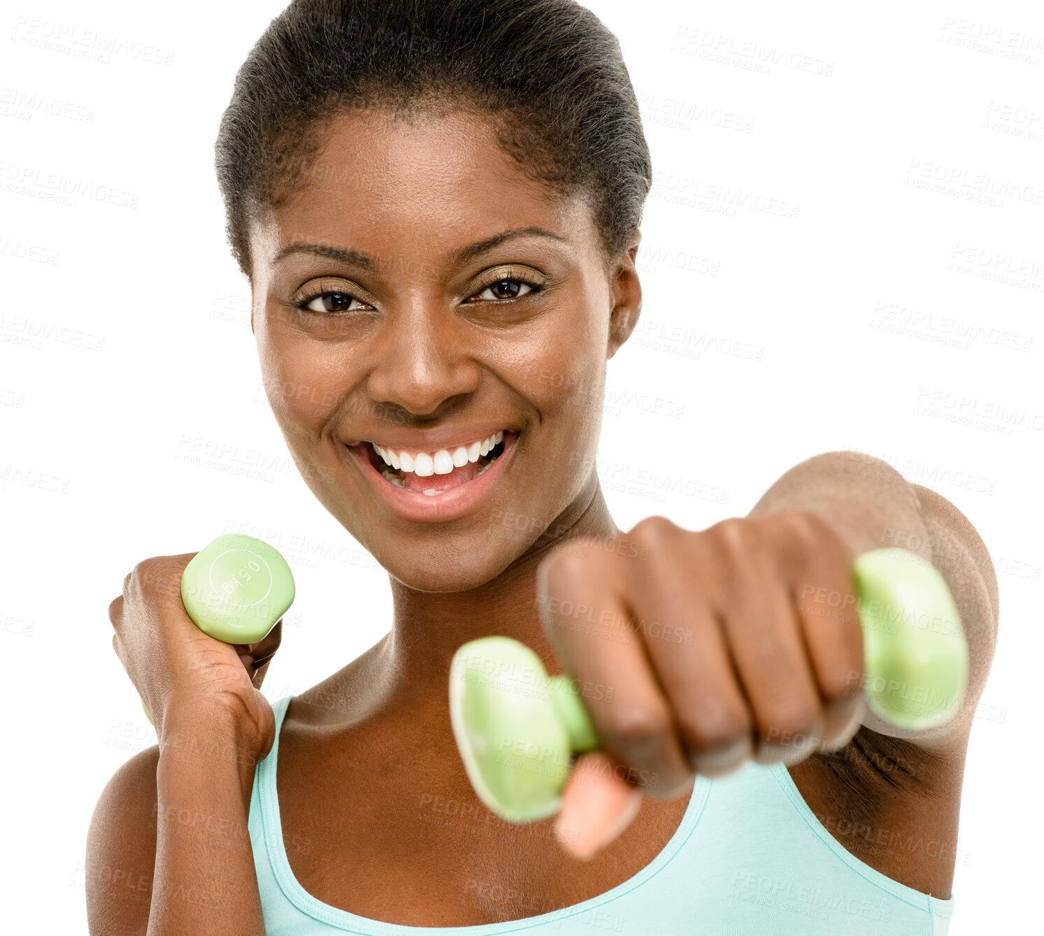 Buy stock photo African woman, dumbbell and exercise in studio portrait for smile, weightlifting or muscle growth. Girl, person and happy for workout, training or fitness challenge by white background at health club