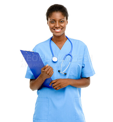 Buy stock photo Nurse, portrait and black woman in studio with clipboard for notes, healthcare information or paperwork on white background. Checklist, medical worker and person for insurance report, script or admin